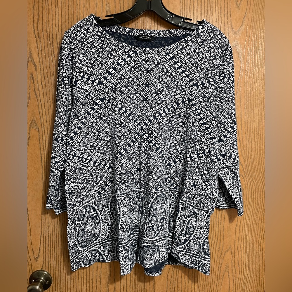 Lucky Brand Blouse in a Navy and White Pattern with Paisley Hem - Picture 2 of 9